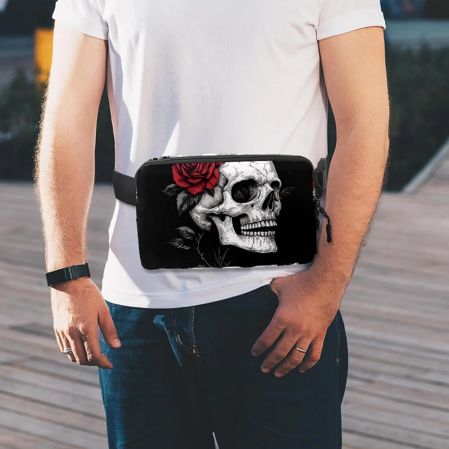 Crossbody Belt Bag for Women Men, Skull Rose Fanny Packs with Zipper Pockets,Waterproof Waist Packs with Adjustable Strap for Workout Running Traveling Hiking