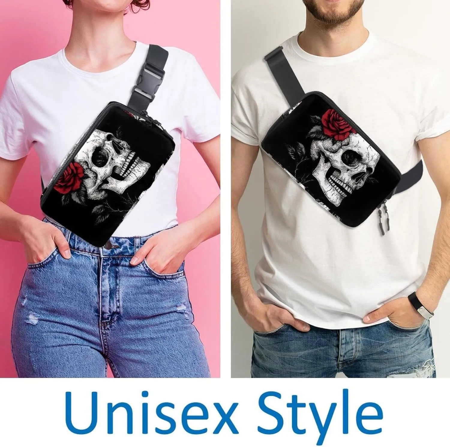 Crossbody Belt Bag for Women Men, Skull Rose Fanny Packs with Zipper Pockets,Waterproof Waist Packs with Adjustable Strap for Workout Running Traveling Hiking