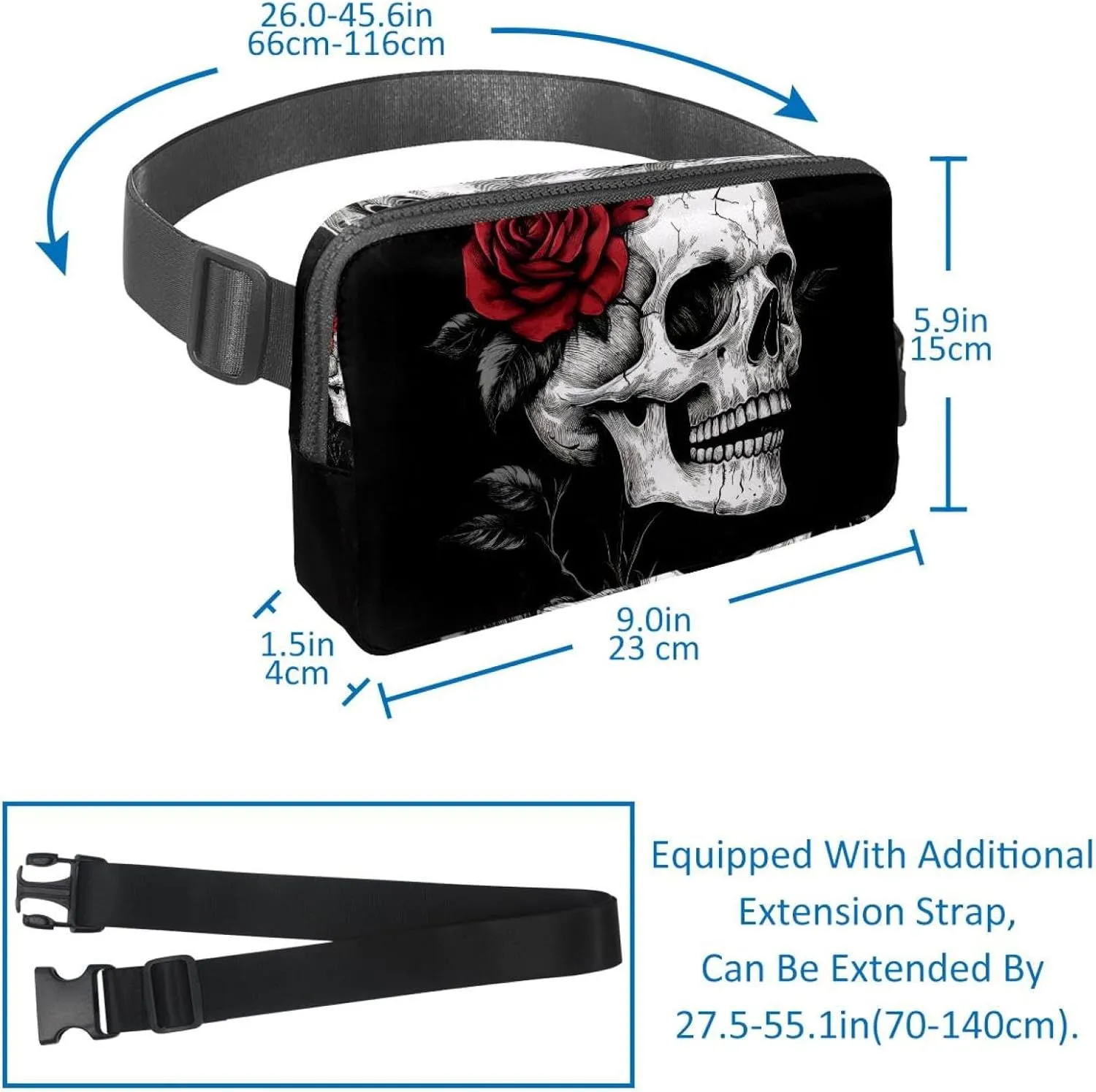 Crossbody Belt Bag for Women Men, Skull Rose Fanny Packs with Zipper Pockets,Waterproof Waist Packs with Adjustable Strap for Workout Running Traveling Hiking