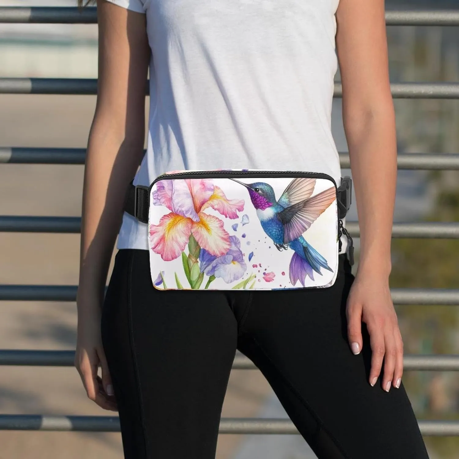 Crossbody Belt Bag for Women Men, Watercolor Hummingbird Flowers Fanny Packs with Zipper Pockets,Waterproof Waist Packs with Adjustable Strap for Workout Running Traveling Hiking