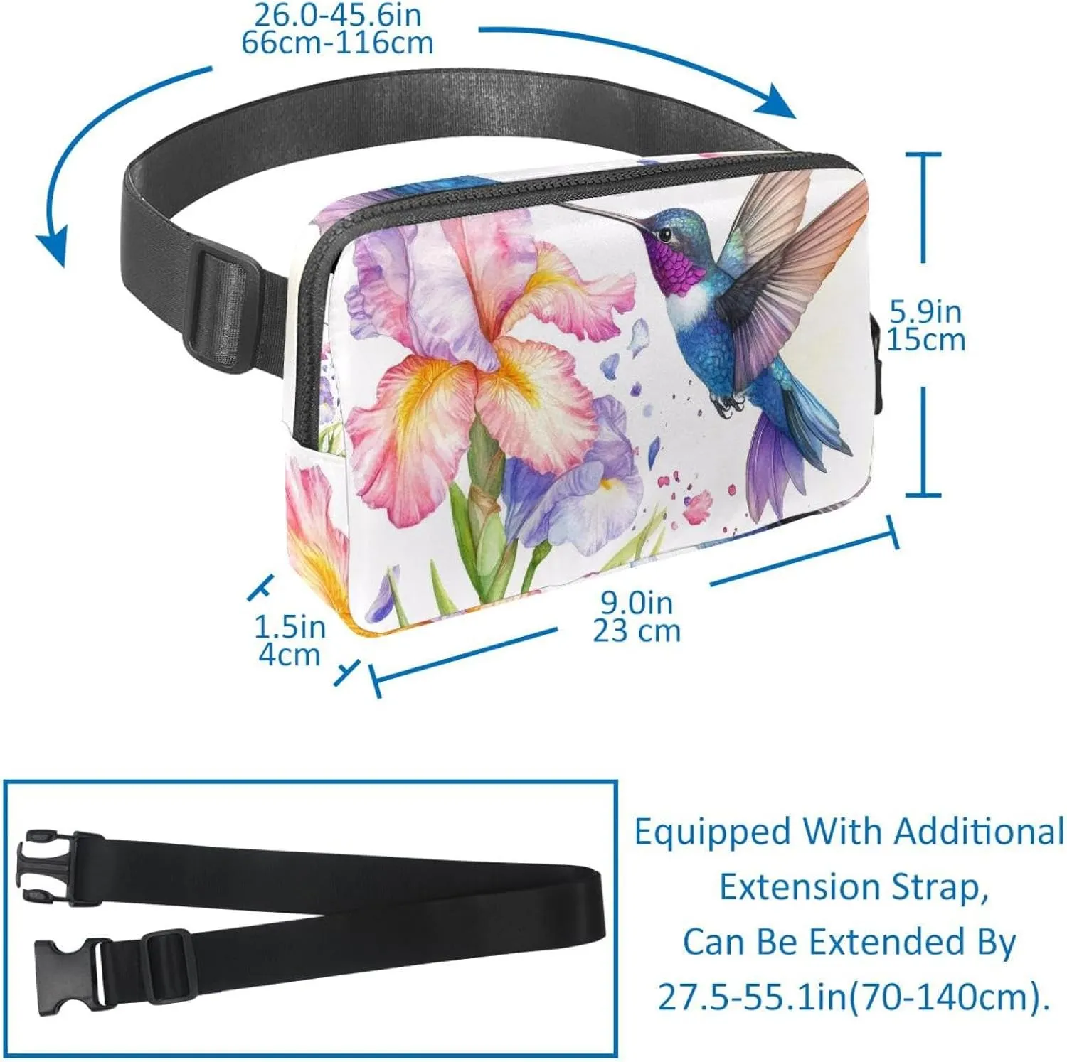 Crossbody Belt Bag for Women Men, Watercolor Hummingbird Flowers Fanny Packs with Zipper Pockets,Waterproof Waist Packs with Adjustable Strap for Workout Running Traveling Hiking