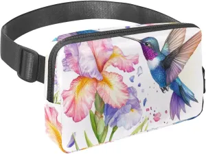 Crossbody Belt Bag for Women Men, Watercolor Hummingbird Flowers Fanny Packs with Zipper Pockets,Waterproof Waist Packs with Adjustable Strap for Workout Running Traveling Hiking