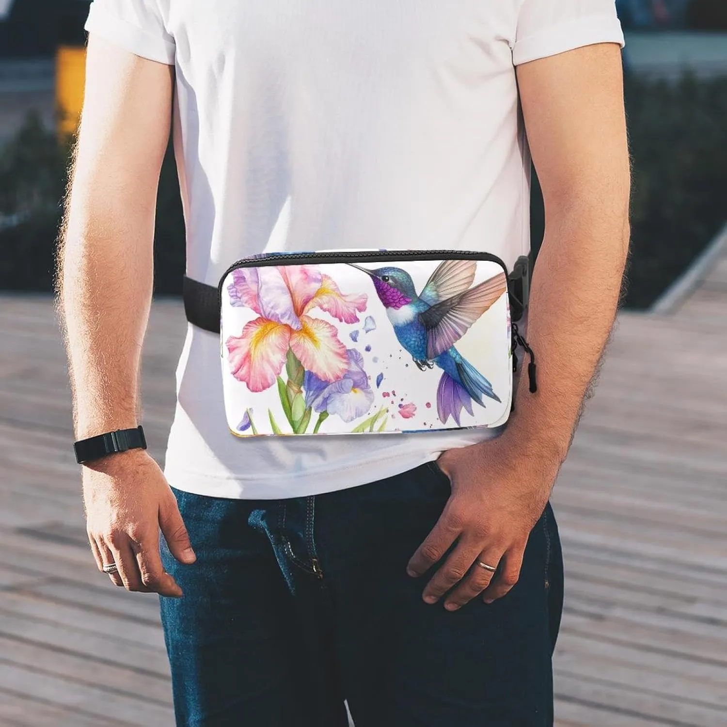 Crossbody Belt Bag for Women Men, Watercolor Hummingbird Flowers Fanny Packs with Zipper Pockets,Waterproof Waist Packs with Adjustable Strap for Workout Running Traveling Hiking