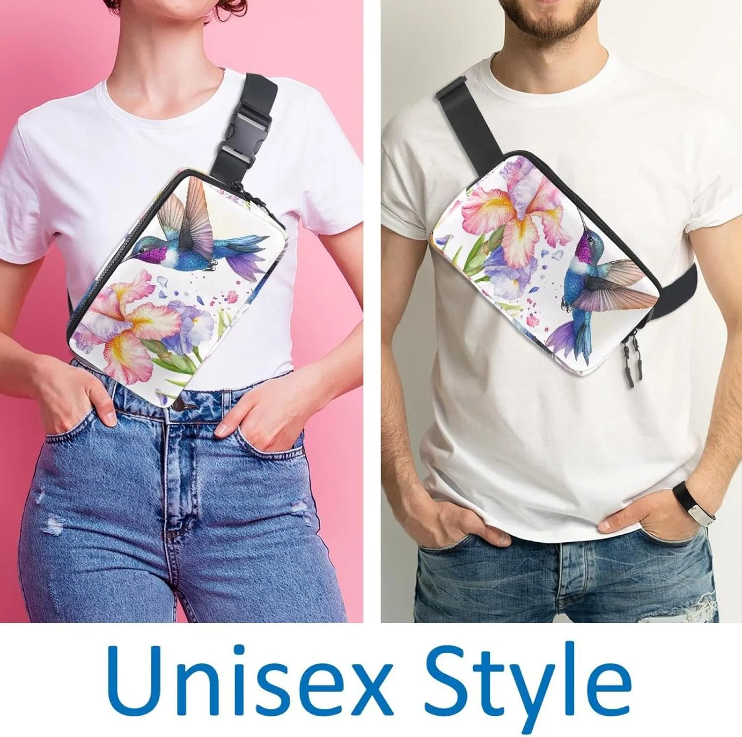 Crossbody Belt Bag for Women Men, Watercolor Hummingbird Flowers Fanny Packs with Zipper Pockets,Waterproof Waist Packs with Adjustable Strap for Workout Running Traveling Hiking