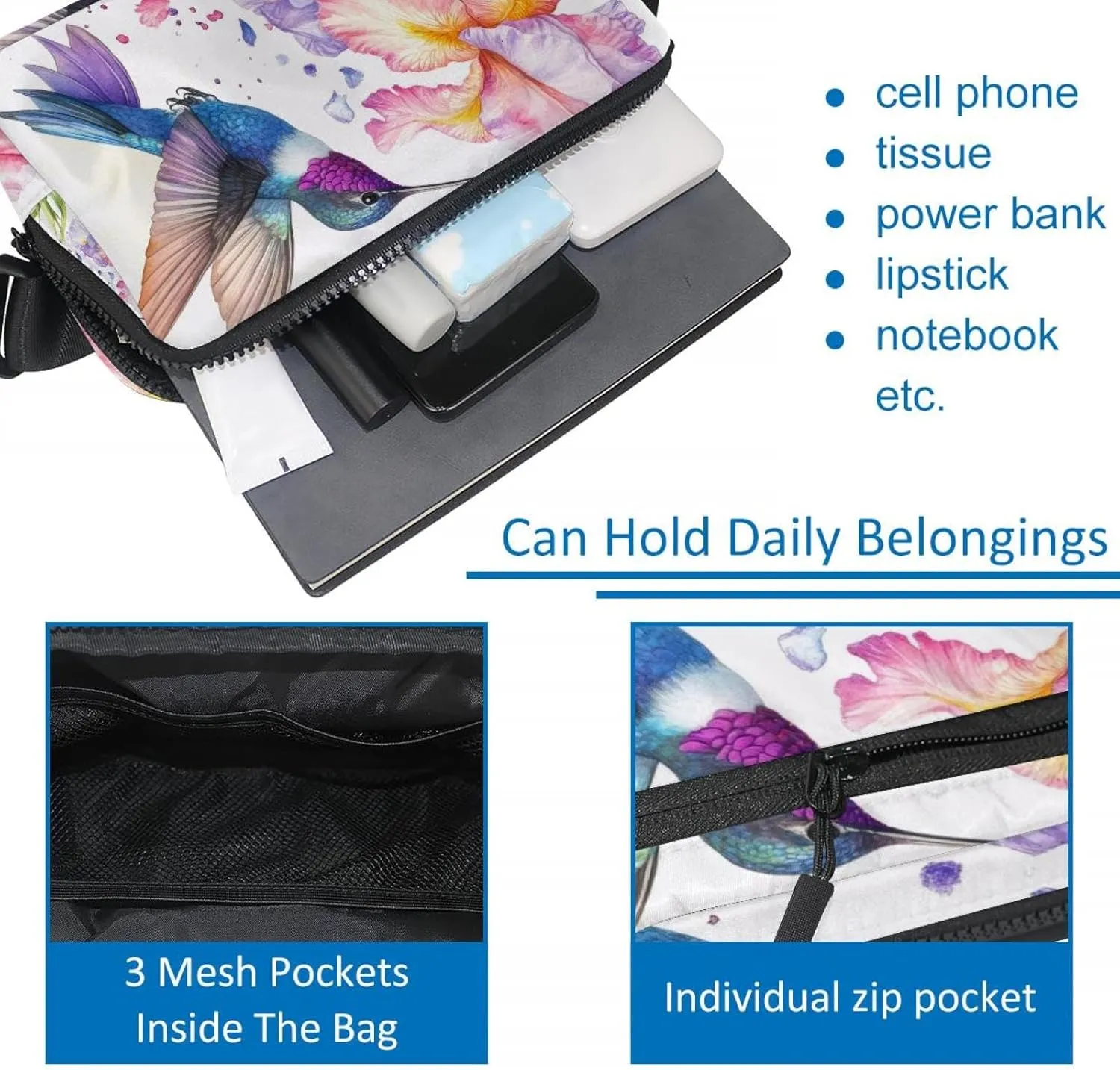 Crossbody Belt Bag for Women Men, Watercolor Hummingbird Flowers Fanny Packs with Zipper Pockets,Waterproof Waist Packs with Adjustable Strap for Workout Running Traveling Hiking