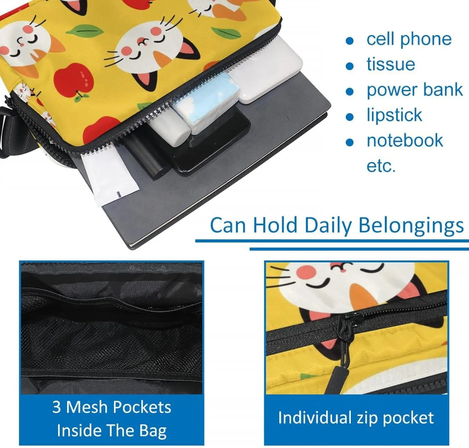 Crossbody Belt Bag for Women Men, Yellow Cats Face Fanny Packs with Zipper Pockets,Waterproof Waist Packs with Adjustable Strap for Workout Running Traveling Hiking