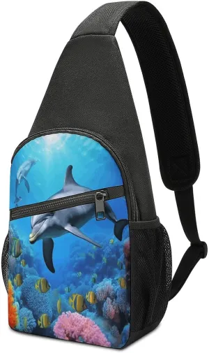 Crossbody Shoulder Chest Bags,Dolphin in The Coral Reef Print Crossbody Shoulder Bag,Casual Sling Shoulder Backpack For Travel Hiking Sports
