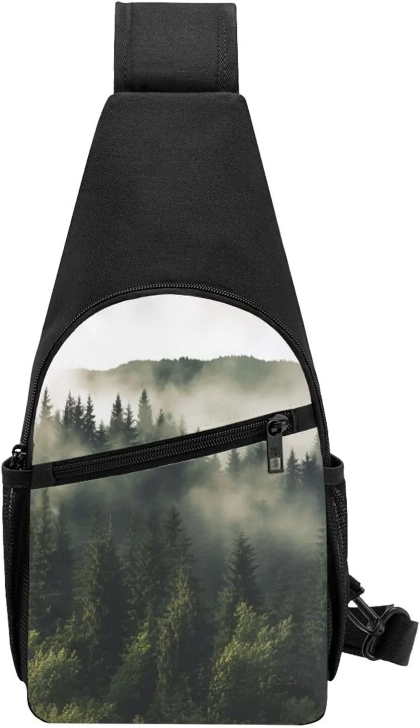 Crossbody Sling Backpack Sling Bag for Men Women Cross Chest Bag Shoulder Bag Coniferous Trees in The Mountain Fog Travel Hiking Daypack