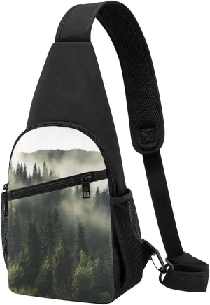 Crossbody Sling Backpack Sling Bag for Men Women Cross Chest Bag Shoulder Bag Coniferous Trees in The Mountain Fog Travel Hiking Daypack