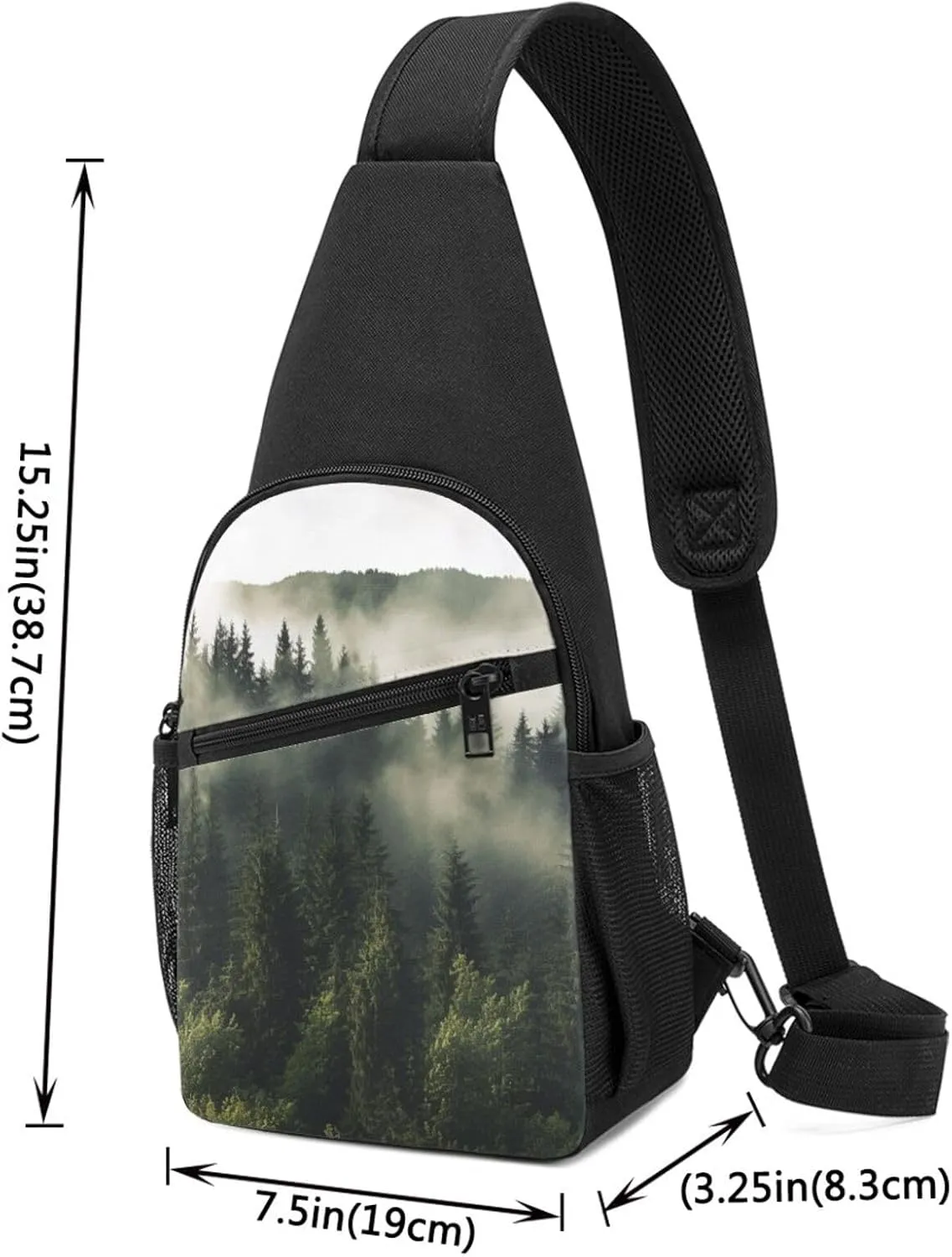 Crossbody Sling Backpack Sling Bag for Men Women Cross Chest Bag Shoulder Bag Coniferous Trees in The Mountain Fog Travel Hiking Daypack