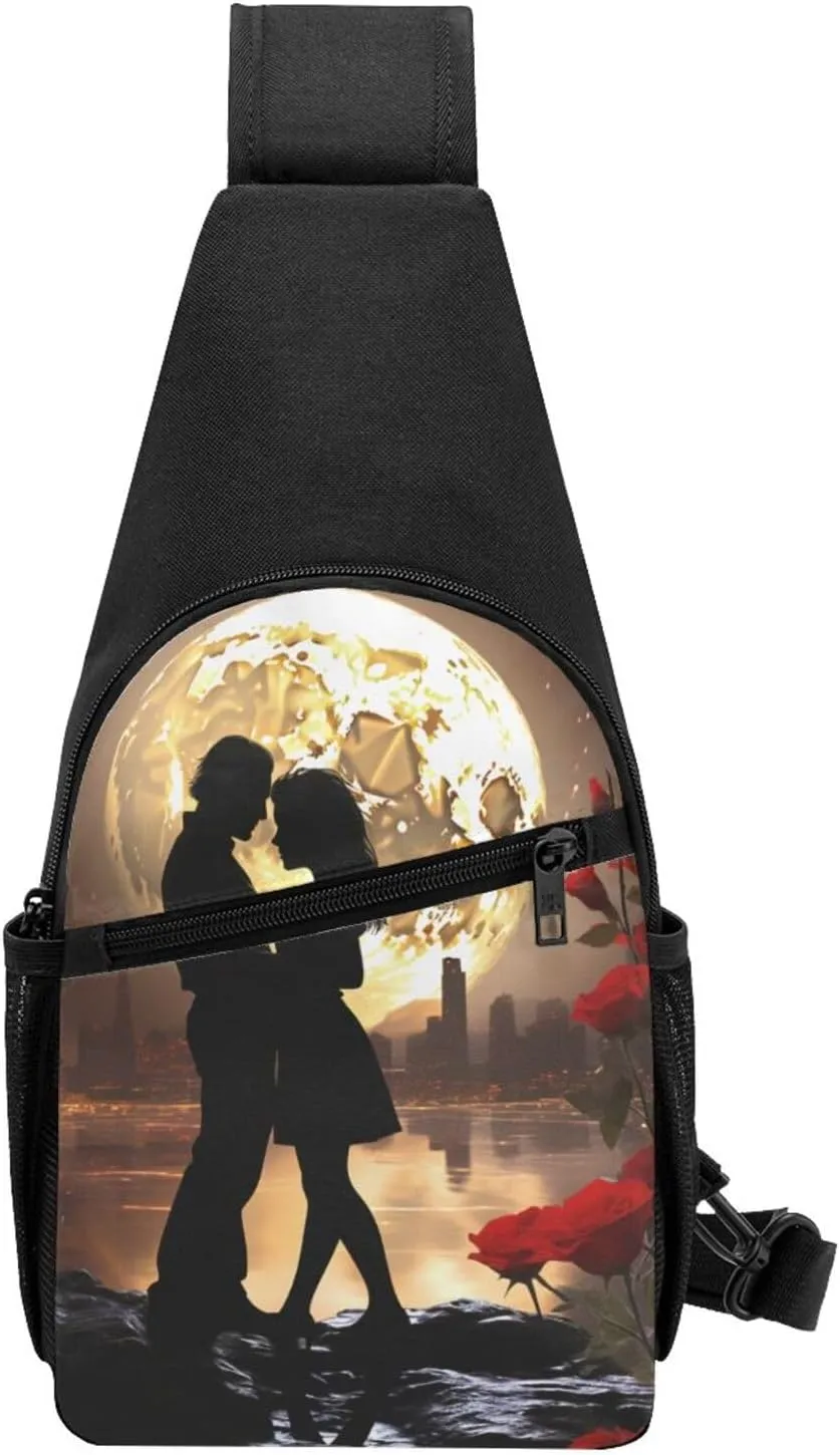 Crossbody Sling Backpack Sling Bag for Men Women Cross Chest Bag Shoulder Bag Couple Lover Red Roses Travel Hiking Daypack