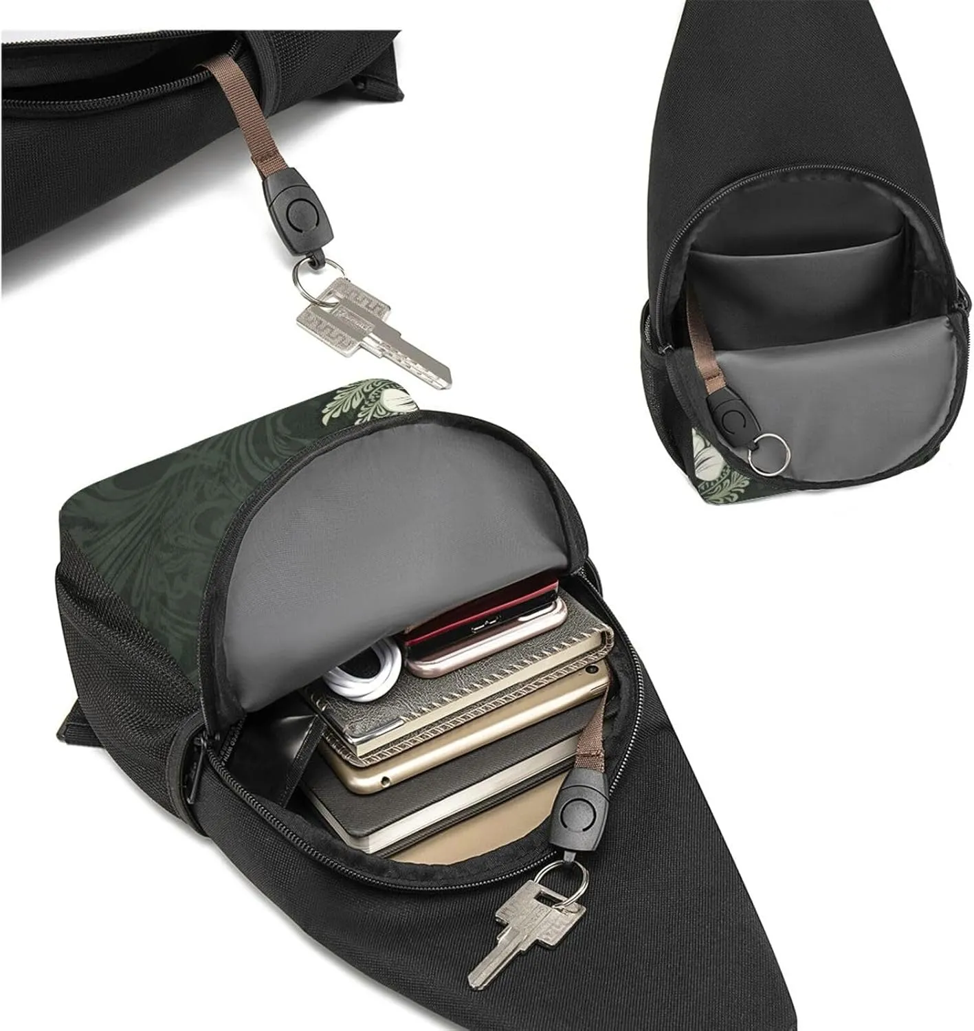 Crossbody Sling Backpack Sling Bag for Men Women Cross Chest Bag Shoulder Bag Dark green and white pattern Travel Hiking Daypack