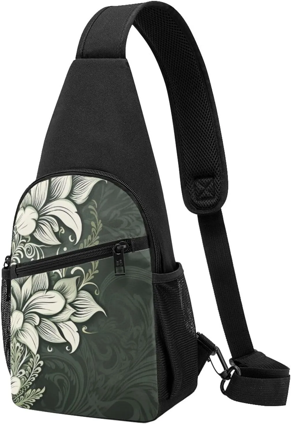 Crossbody Sling Backpack Sling Bag for Men Women Cross Chest Bag Shoulder Bag Dark green and white pattern Travel Hiking Daypack