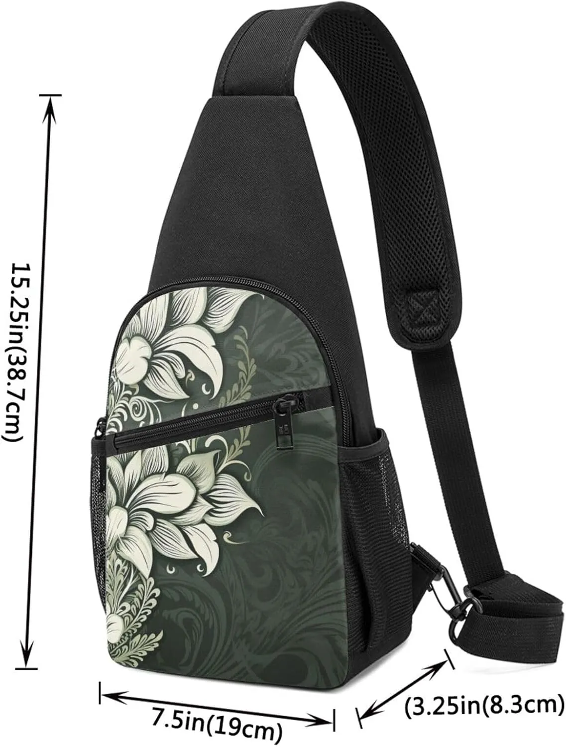 Crossbody Sling Backpack Sling Bag for Men Women Cross Chest Bag Shoulder Bag Dark green and white pattern Travel Hiking Daypack