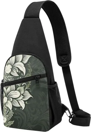 Crossbody Sling Backpack Sling Bag for Men Women Cross Chest Bag Shoulder Bag Dark green and white pattern Travel Hiking Daypack
