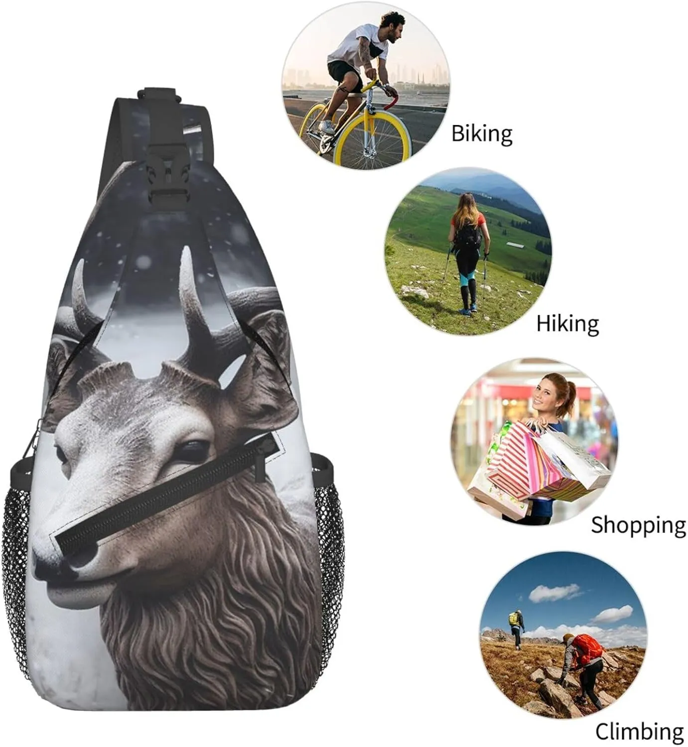 Crossbody Sling Backpack Sling Bag For Men Women Cross Chest Bag Shoulder Bag Deer Head In The Snow Travel Hiking Daypack