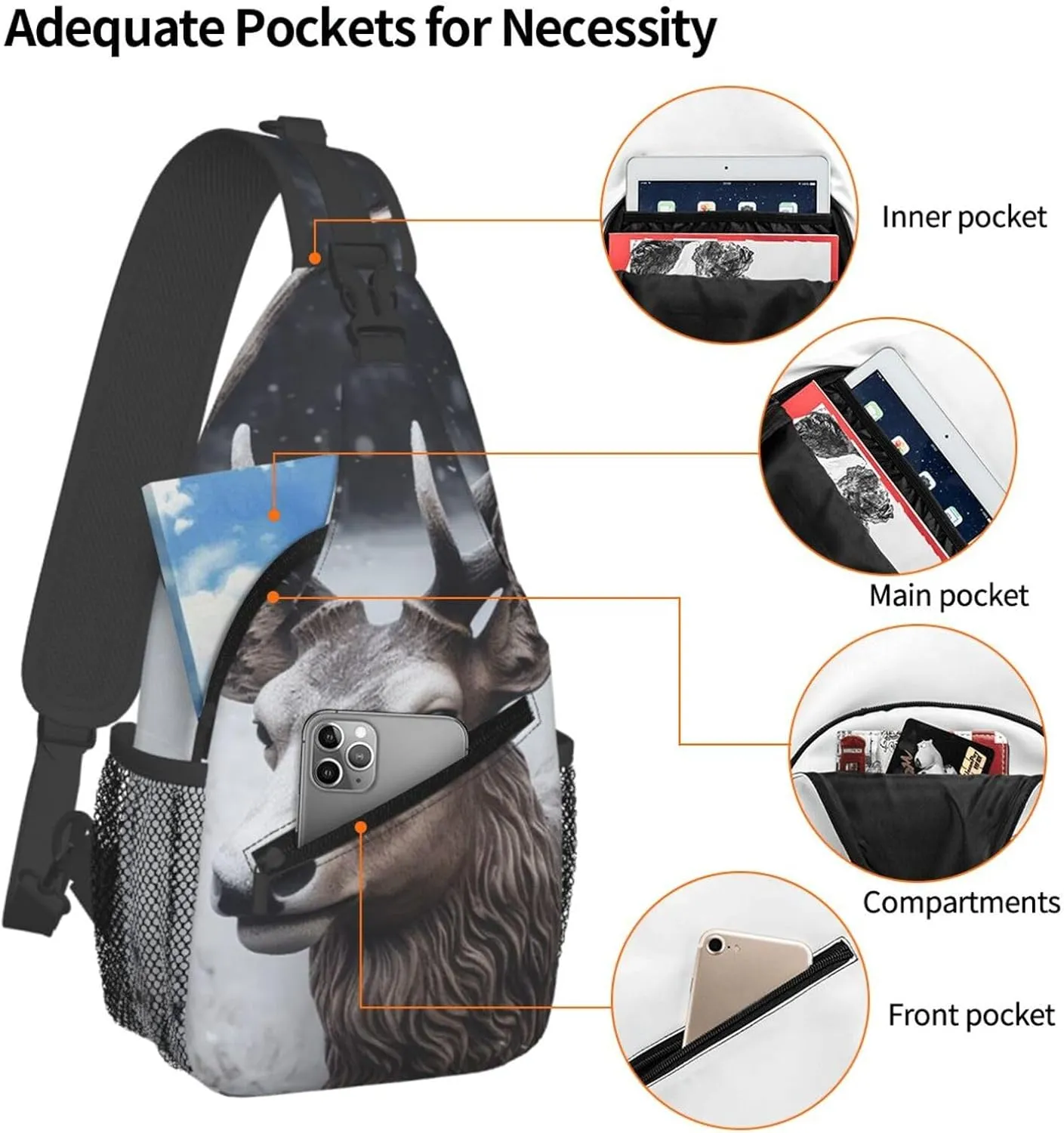 Crossbody Sling Backpack Sling Bag For Men Women Cross Chest Bag Shoulder Bag Deer Head In The Snow Travel Hiking Daypack