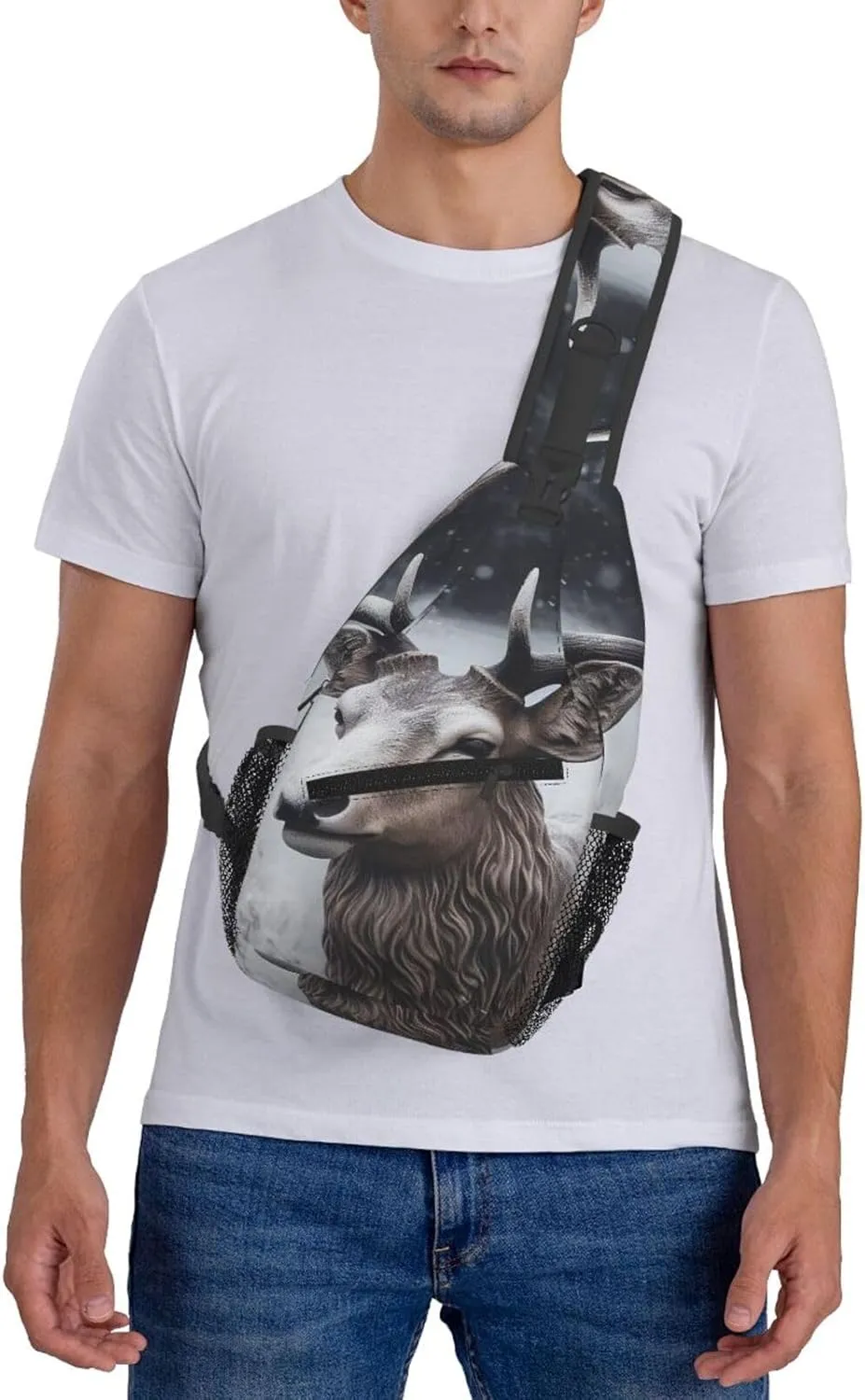 Crossbody Sling Backpack Sling Bag For Men Women Cross Chest Bag Shoulder Bag Deer Head In The Snow Travel Hiking Daypack
