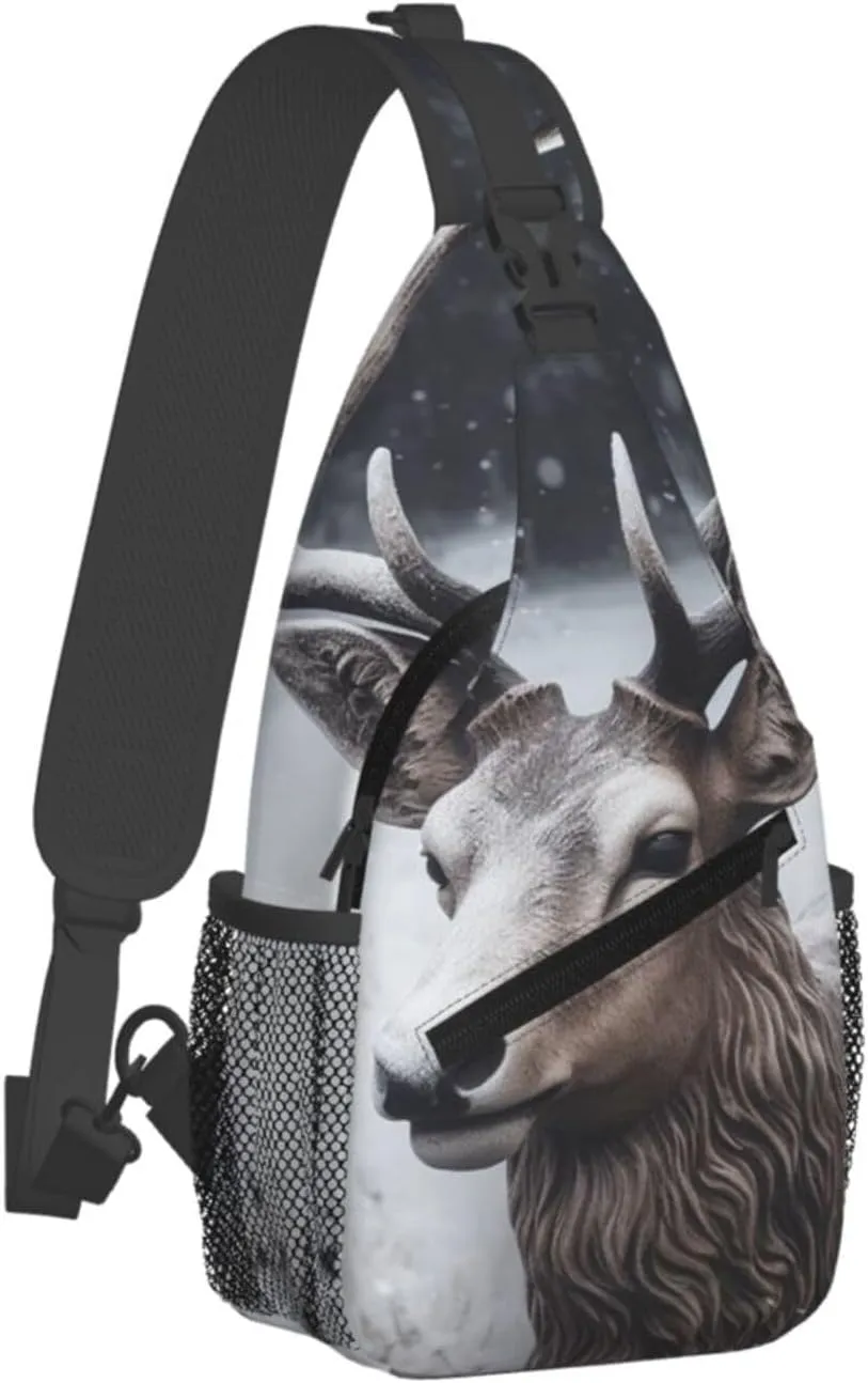 Crossbody Sling Backpack Sling Bag For Men Women Cross Chest Bag Shoulder Bag Deer Head In The Snow Travel Hiking Daypack