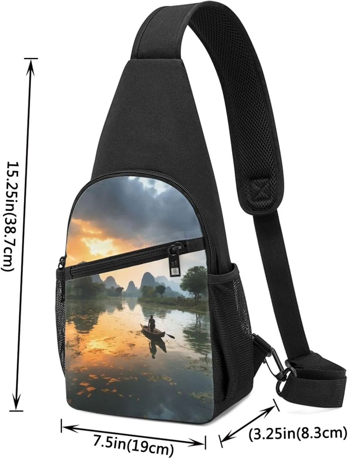 Crossbody Sling Backpack Sling Bag for Men Women Cross Chest Bag Shoulder Bag Man On Boat In Lake Travel Hiking Daypack
