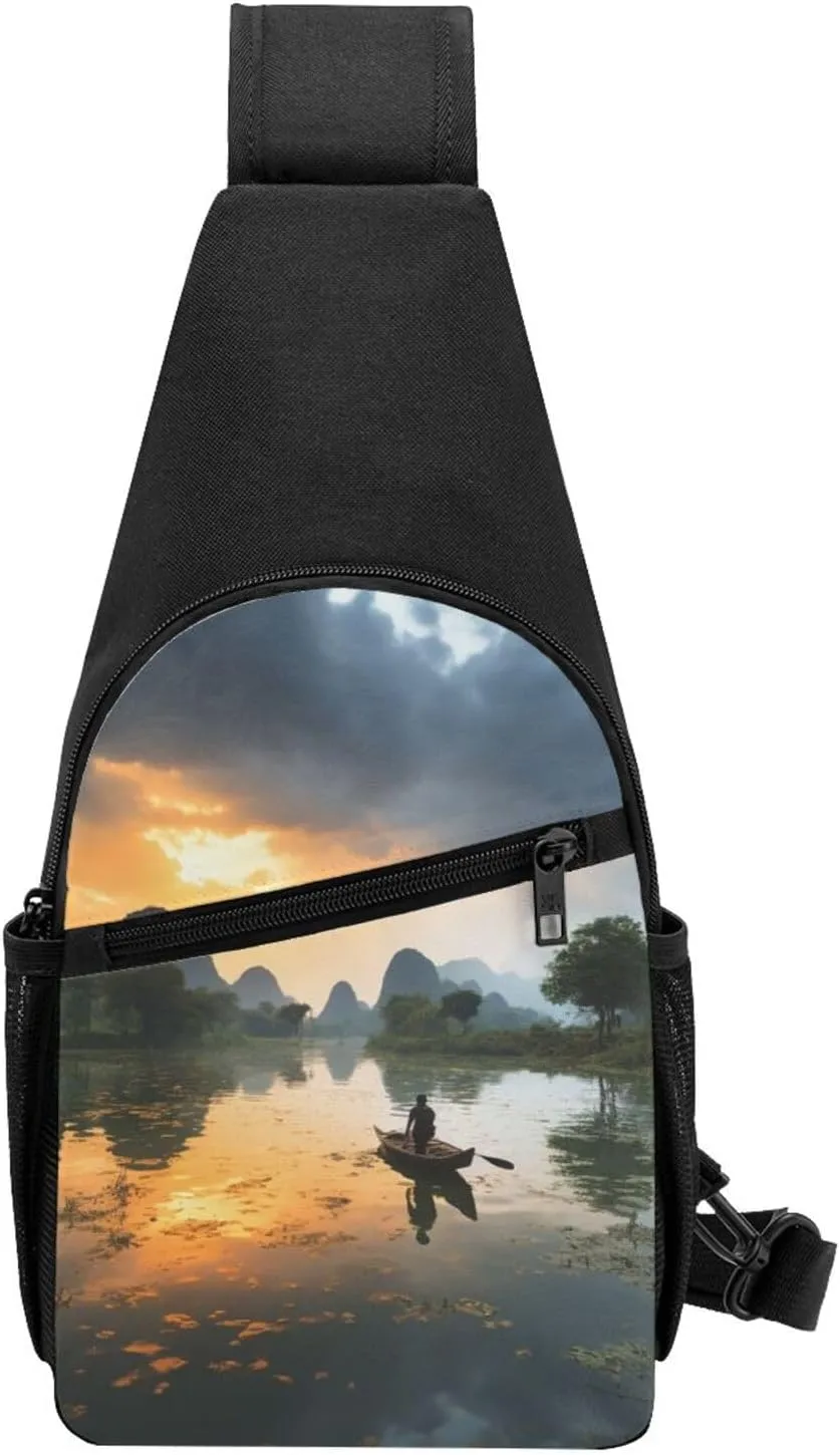 Crossbody Sling Backpack Sling Bag for Men Women Cross Chest Bag Shoulder Bag Man On Boat In Lake Travel Hiking Daypack