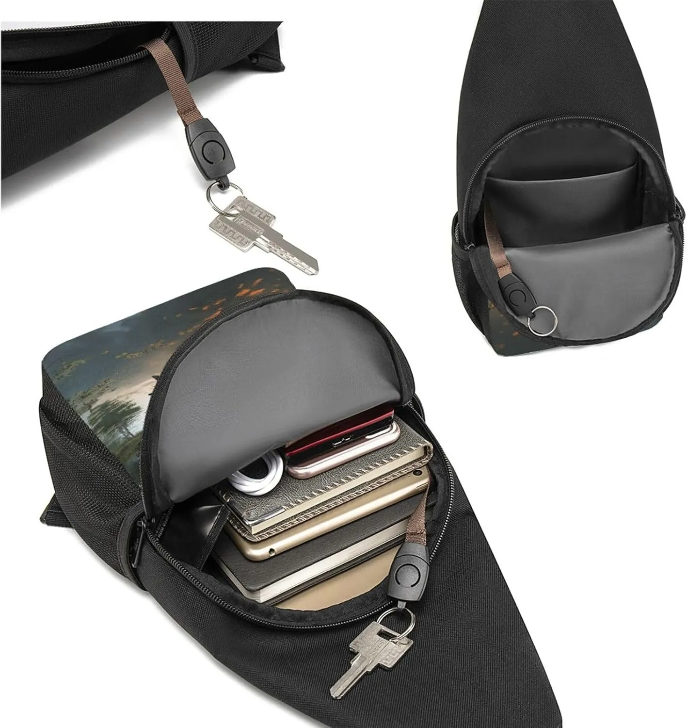 Crossbody Sling Backpack Sling Bag for Men Women Cross Chest Bag Shoulder Bag Man On Boat In Lake Travel Hiking Daypack