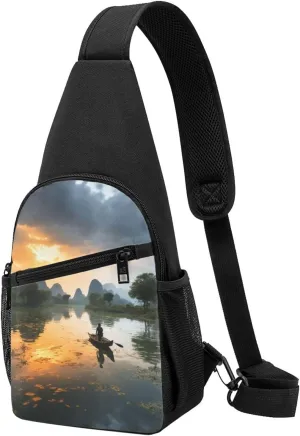 Crossbody Sling Backpack Sling Bag for Men Women Cross Chest Bag Shoulder Bag Man On Boat In Lake Travel Hiking Daypack