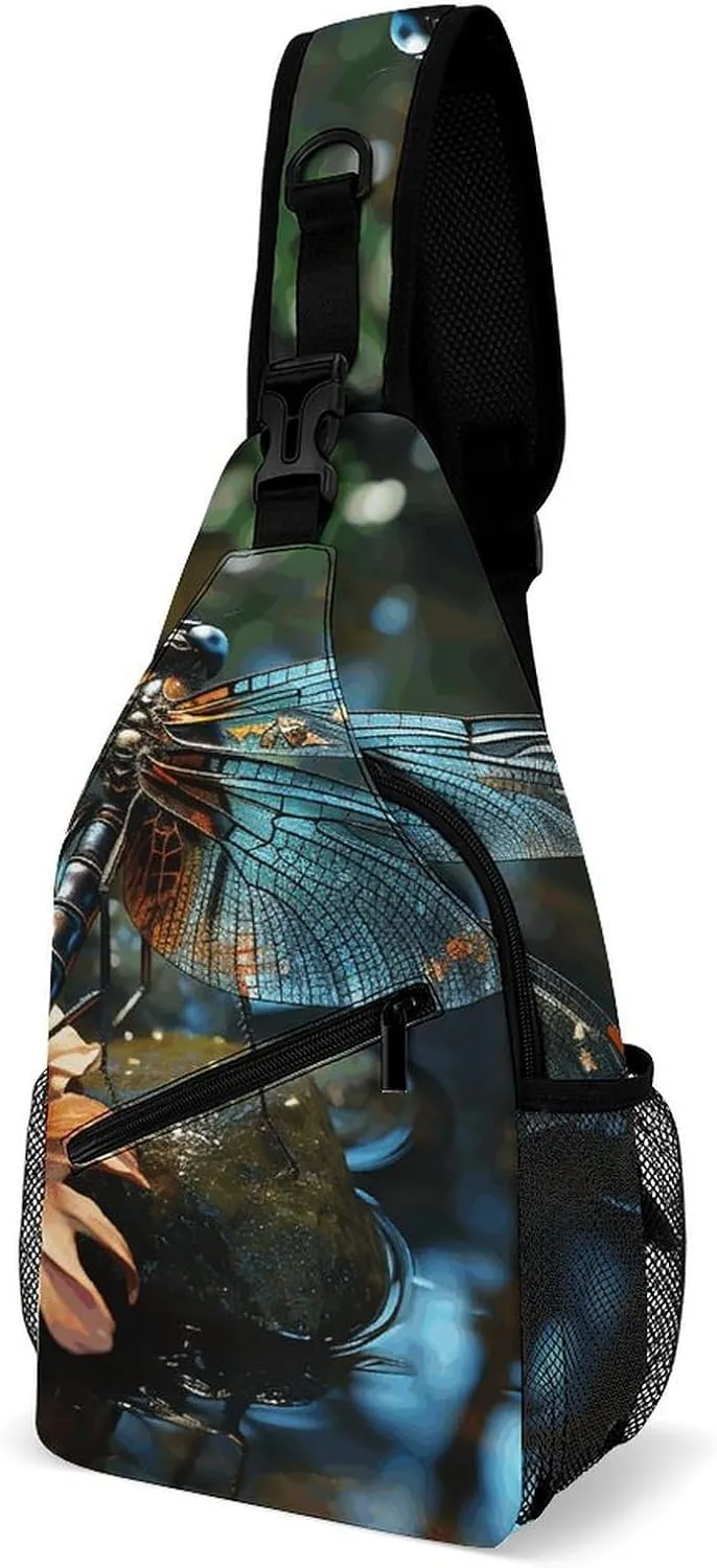 Crossbody Sling Backpack,Dragonfly Flying on The Pond Print Crossbody Chest Bag,Full Printed Travel Small Sling Bag For Travel Hiking Sports