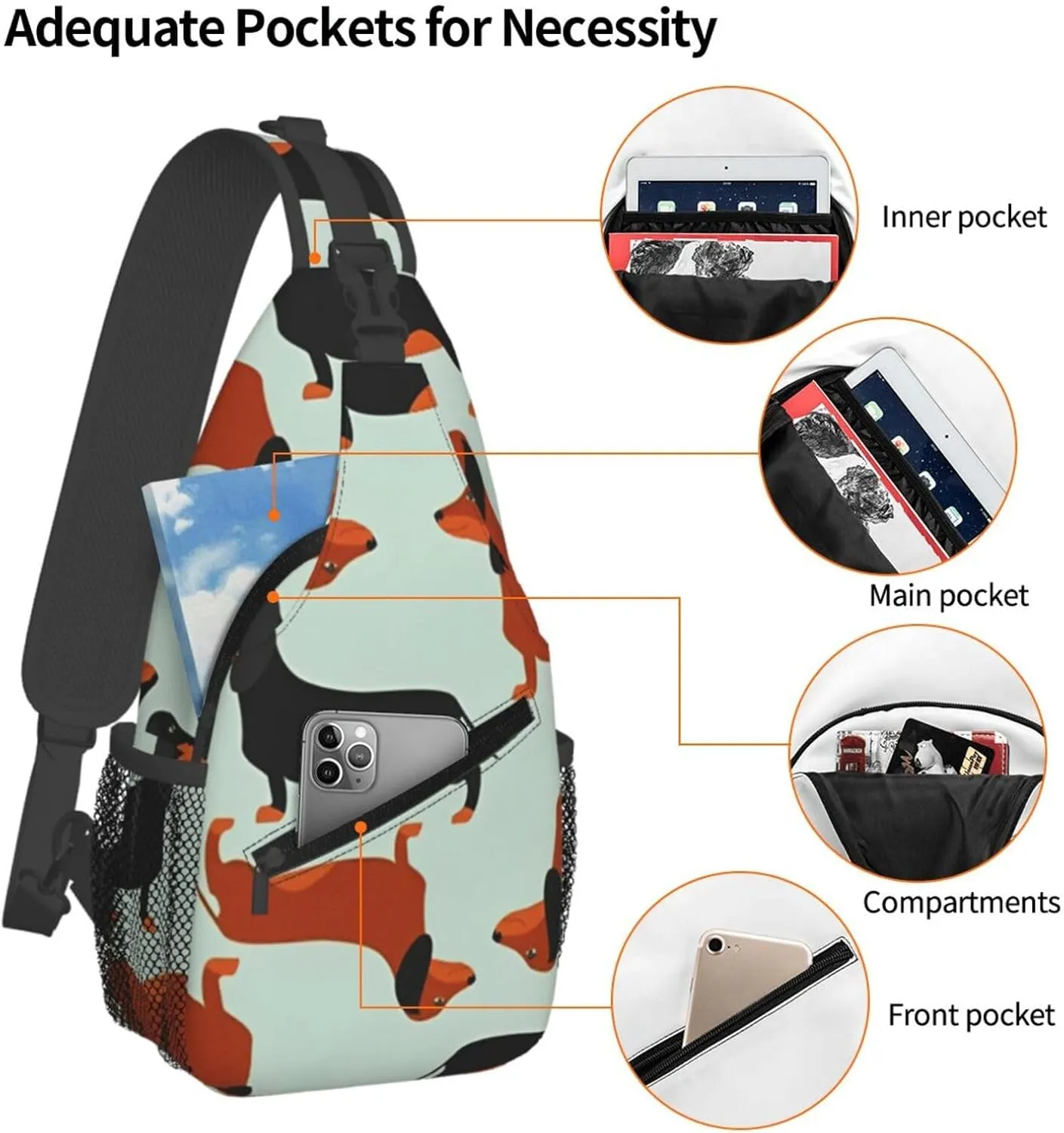 Crossbody Sling Bag for Men Women, Dachshund Cute Dog Pattern Sling Backpack Shoulder Chest Bag, Anti Theft Travel Hiking Daypacks