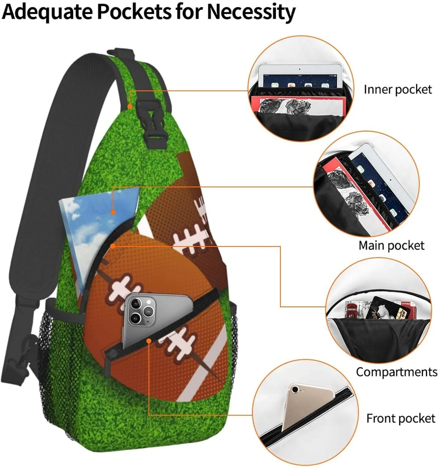 Crossbody Sling Bag for Men Women, Rugby Ball Field Sling Backpack Shoulder Chest Bag, Anti Theft Travel Hiking Daypacks