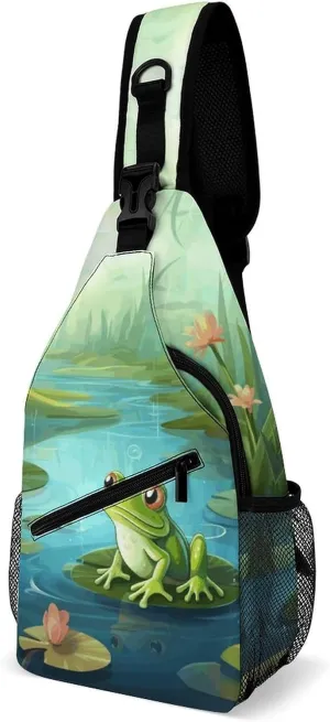 Crossbody Sling Bag Frog in A Pond Crossbody Bags Casual Chest Bag Lightweight Fanny Packs Sling Purses with Adjustable Shoulder Strap for Travel Sport Running Hiking