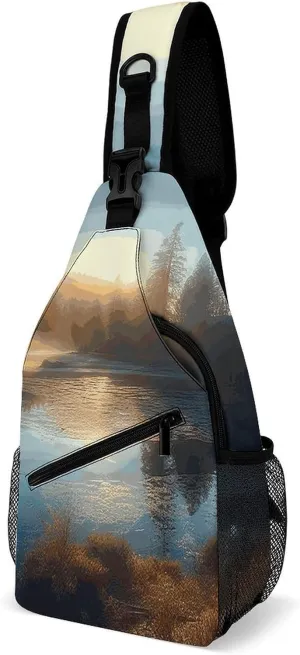Crossbody Sling Bag Sunrise over Mountain Forest Lake Sling Backpack Shoulder Chest Bag Casual Chest Bag with Adjustable Shoulder Strap Fanny Packs for Outdoors Hiking Traveling