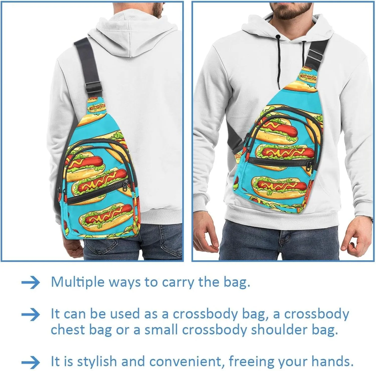 Crossbody Small Sling Bag Backpack for Women Men, hot dog (3) Chest Daypack Crossbody Travel Sports Hiking