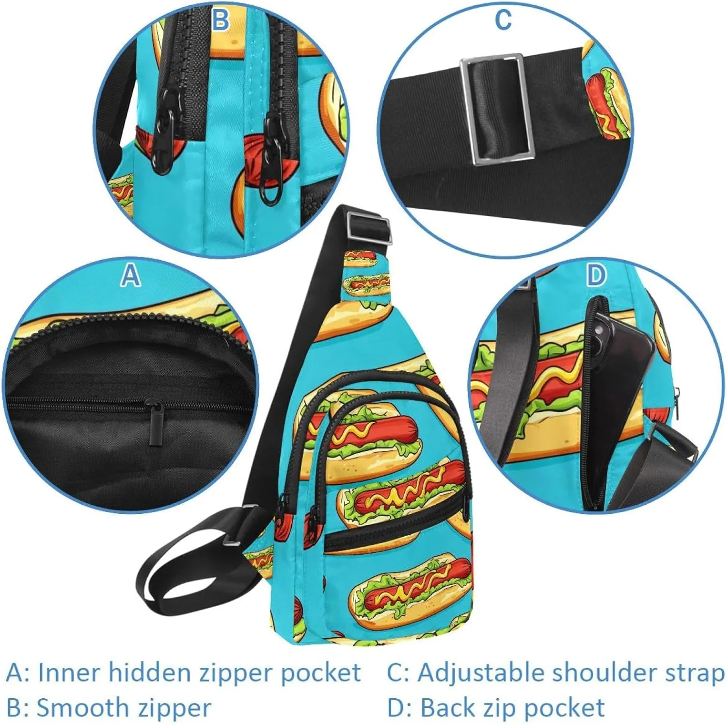 Crossbody Small Sling Bag Backpack for Women Men, hot dog (3) Chest Daypack Crossbody Travel Sports Hiking