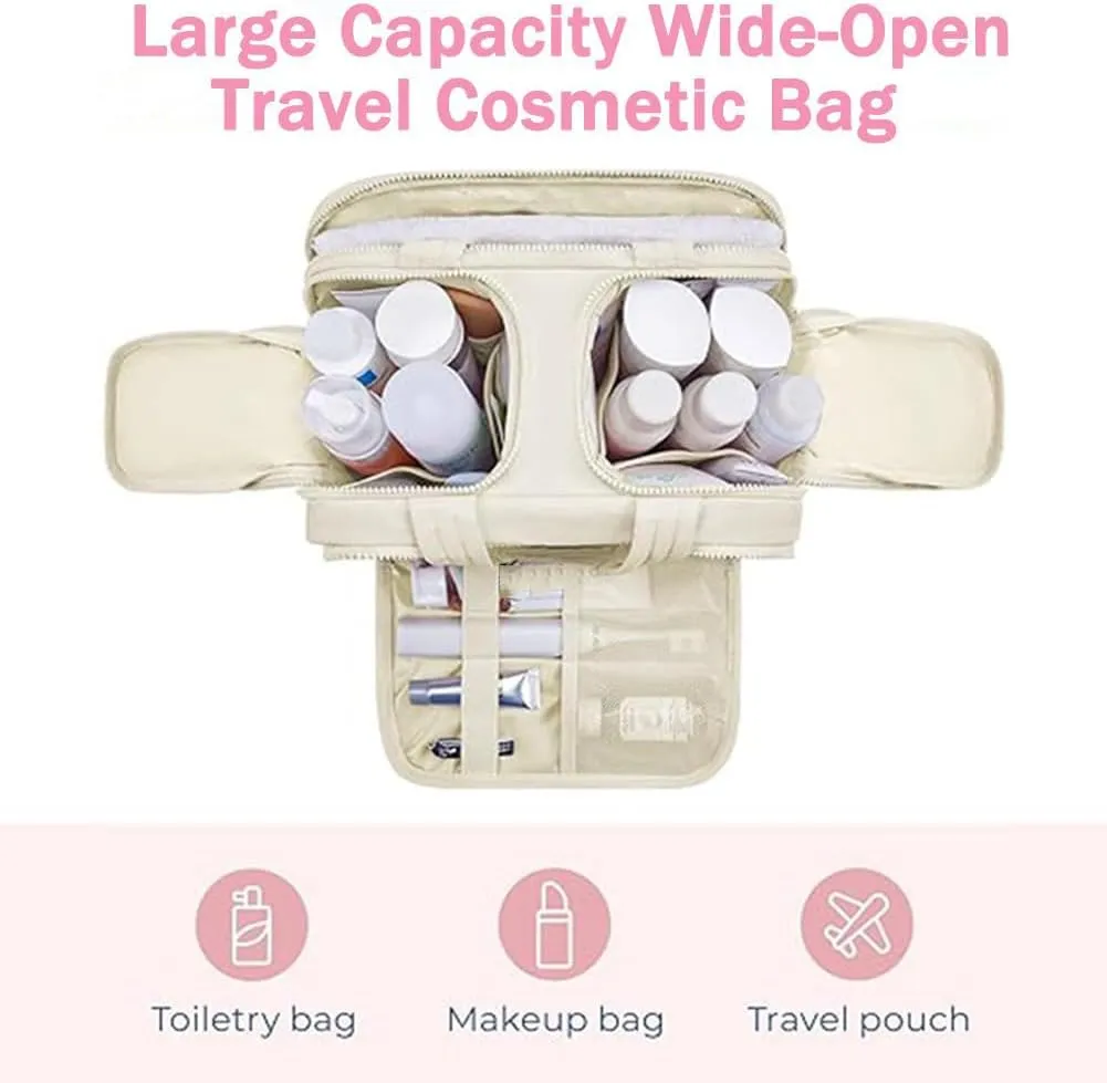 Cureaway Travel Cosmetic Bag, 4-in-1 Puffy Multi-Functional Toiletry Bag for Women, Extra Large Capacity Wide-Open Travel Cosmetic Bag, Portable Pouch Open Flat Toiletry Bag Make Up Organizer (Pink)