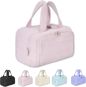Cureaway Travel Cosmetic Bag, 4-in-1 Puffy Multi-Functional Toiletry Bag for Women, Extra Large Capacity Wide-Open Travel Cosmetic Bag, Portable Pouch Open Flat Toiletry Bag Make Up Organizer (Pink)