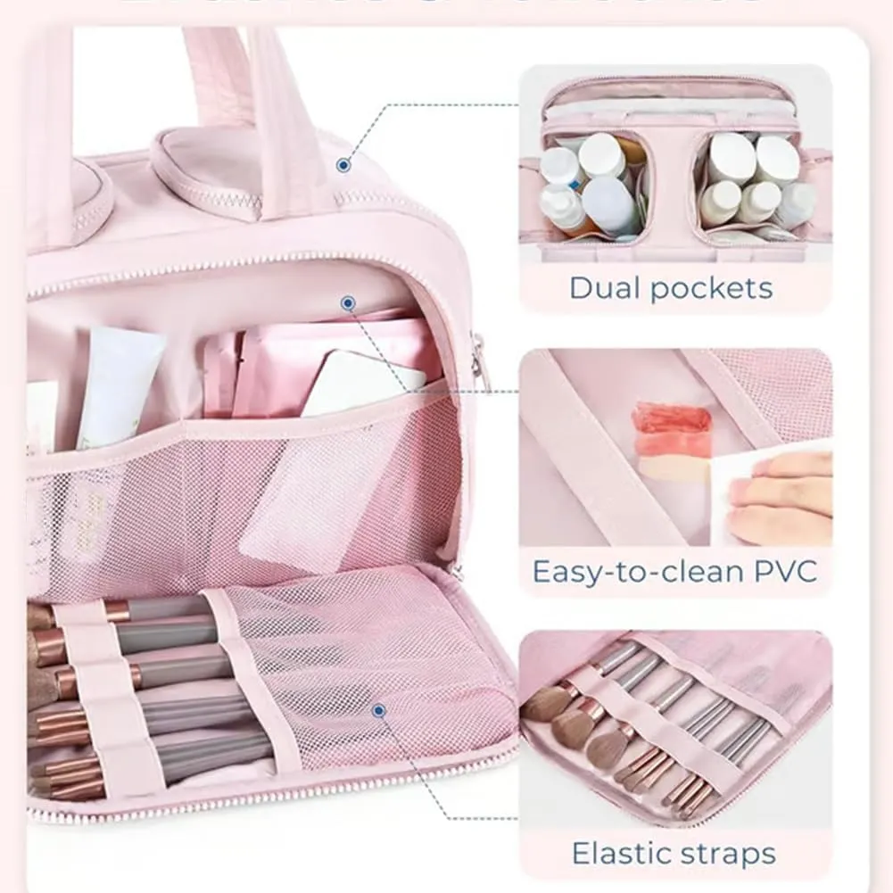 Cureaway Travel Cosmetic Bag, 4-in-1 Puffy Multi-Functional Toiletry Bag for Women, Extra Large Capacity Wide-Open Travel Cosmetic Bag, Portable Pouch Open Flat Toiletry Bag Make Up Organizer (Pink)