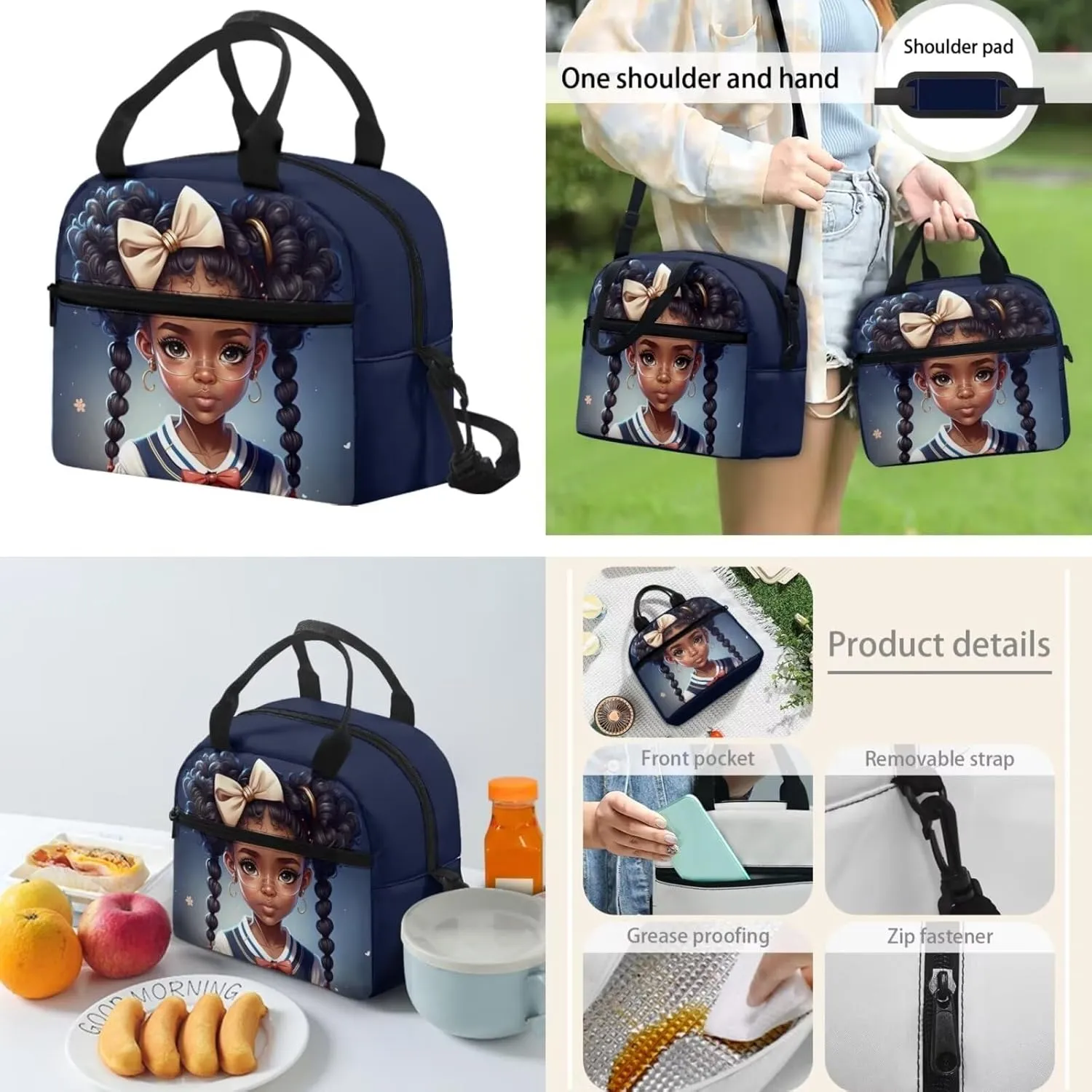 Custom Afro Black Girl African-American Backpack Teens Girls School with Lunchbox and Pencil Bag Middle School Bookbags 3 in 1 for Youth Junior Back to School Supplies