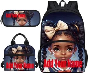 Custom Afro Black Girl African-American Backpack Teens Girls School with Lunchbox and Pencil Bag Middle School Bookbags 3 in 1 for Youth Junior Back to School Supplies