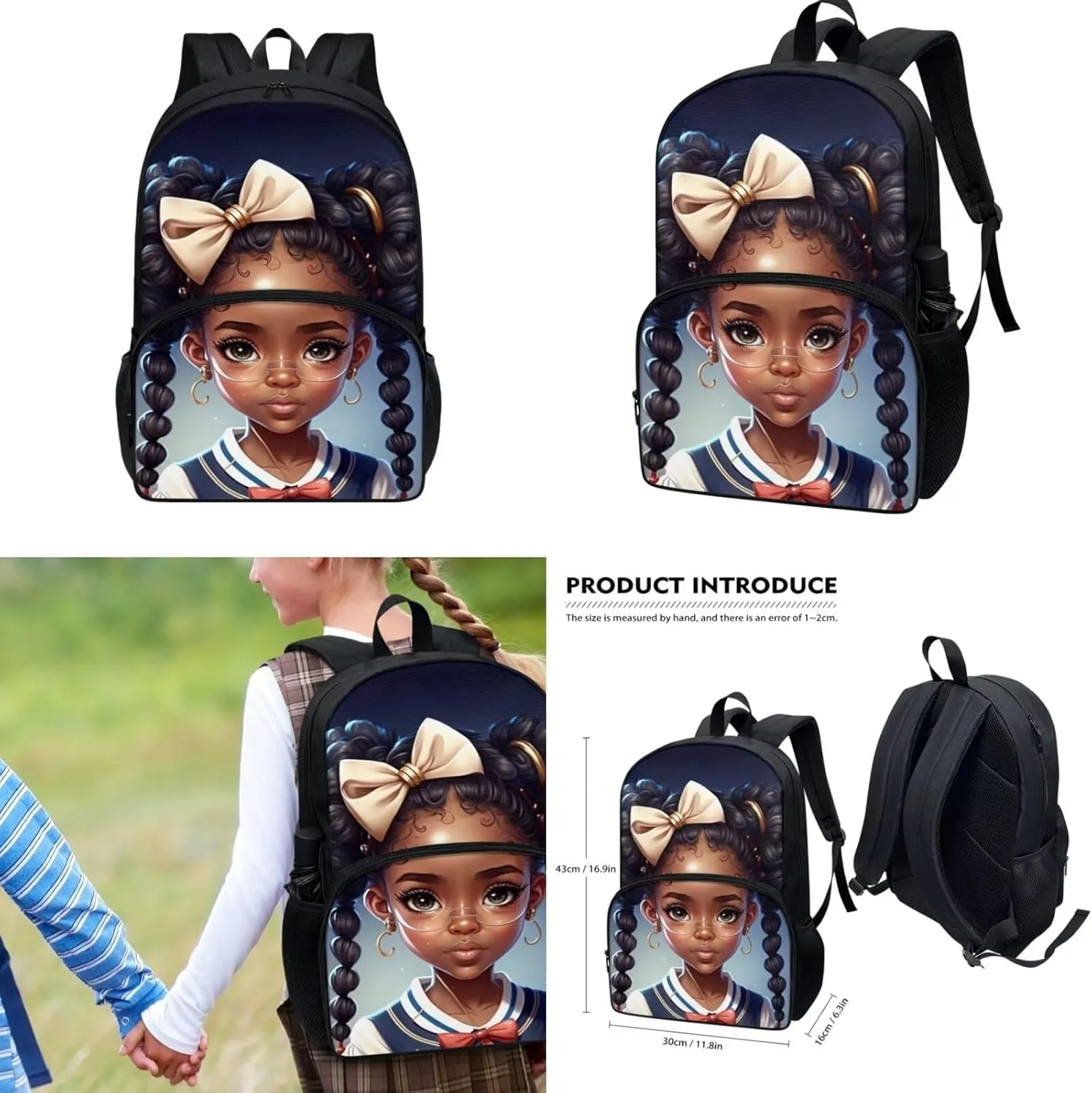 Custom Afro Black Girl African-American Backpack Teens Girls School with Lunchbox and Pencil Bag Middle School Bookbags 3 in 1 for Youth Junior Back to School Supplies