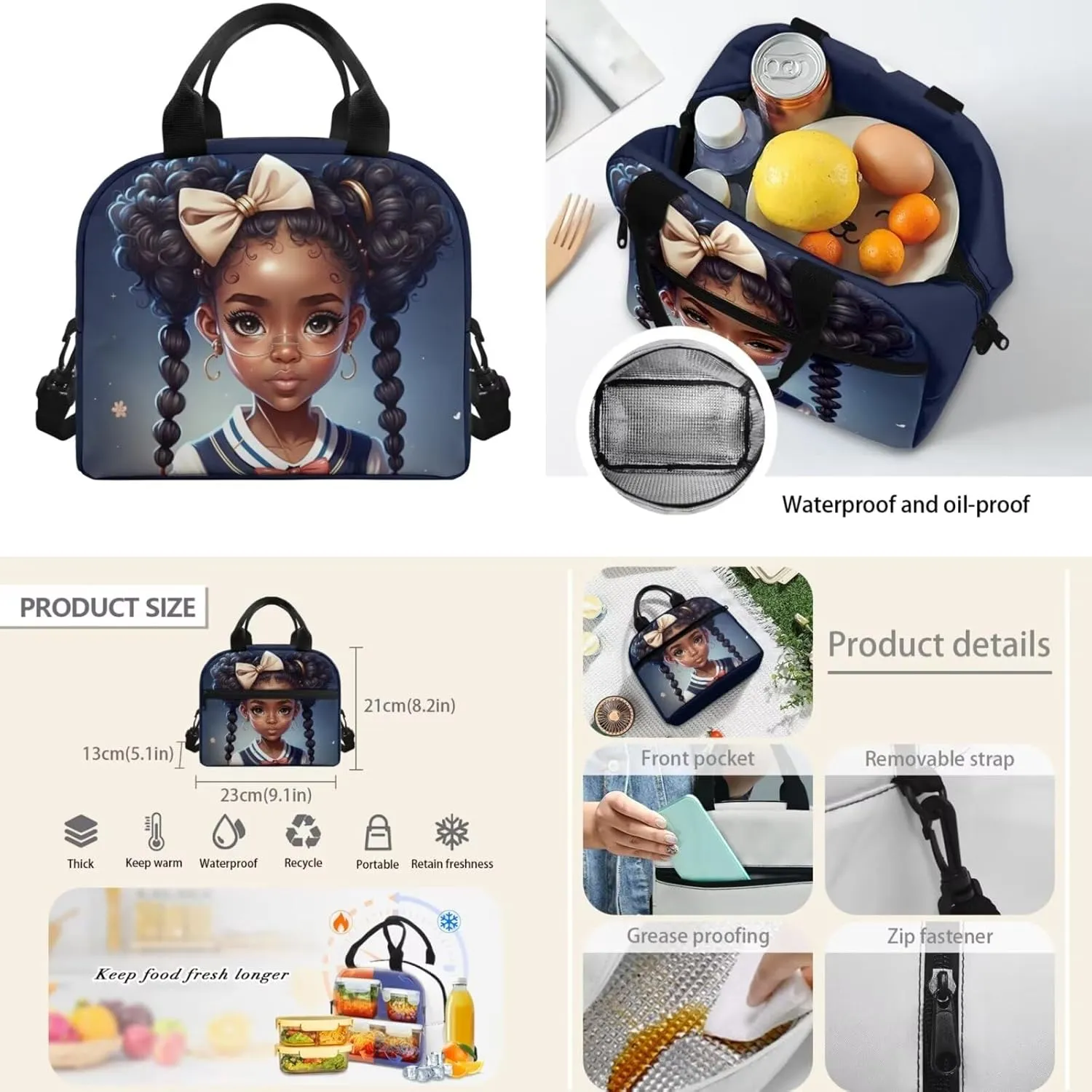 Custom Afro Black Girl African-American Backpack Teens Girls School with Lunchbox and Pencil Bag Middle School Bookbags 3 in 1 for Youth Junior Back to School Supplies