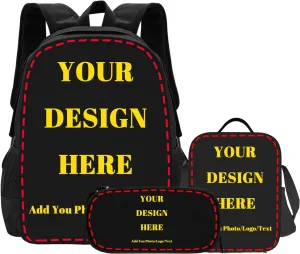 Custom Backpack 3Pcs Set, Personalized Backpacks/Lunch Bag/Pencil Case, Add Your Own Picture Text Customize Casual Large Capacity with Compartments Laptop Bags for Travel, Camping 17"