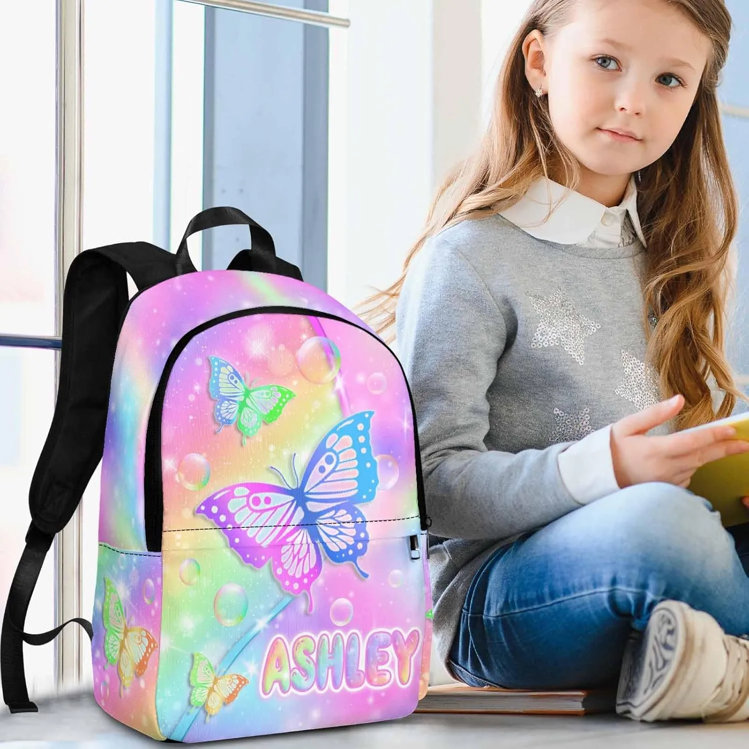 Custom Backpacks Lunch Box for Girls, Personalized Kids Bookbag Butterfly School Bag for Toddler Preschool Elementary with Name Back to School Travel Bag Back Pack