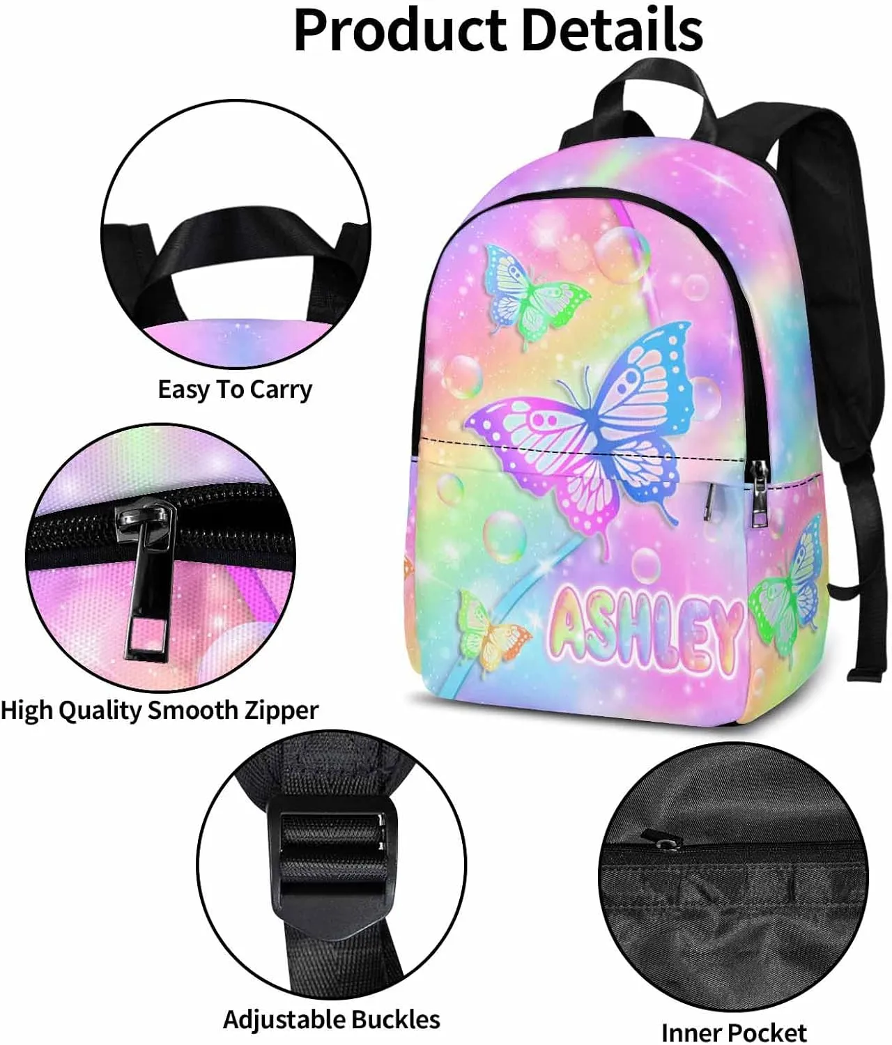 Custom Backpacks Lunch Box for Girls, Personalized Kids Bookbag Butterfly School Bag for Toddler Preschool Elementary with Name Back to School Travel Bag Back Pack
