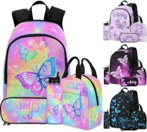 Custom Backpacks Lunch Box for Girls, Personalized Kids Bookbag Butterfly School Bag for Toddler Preschool Elementary with Name Back to School Travel Bag Back Pack