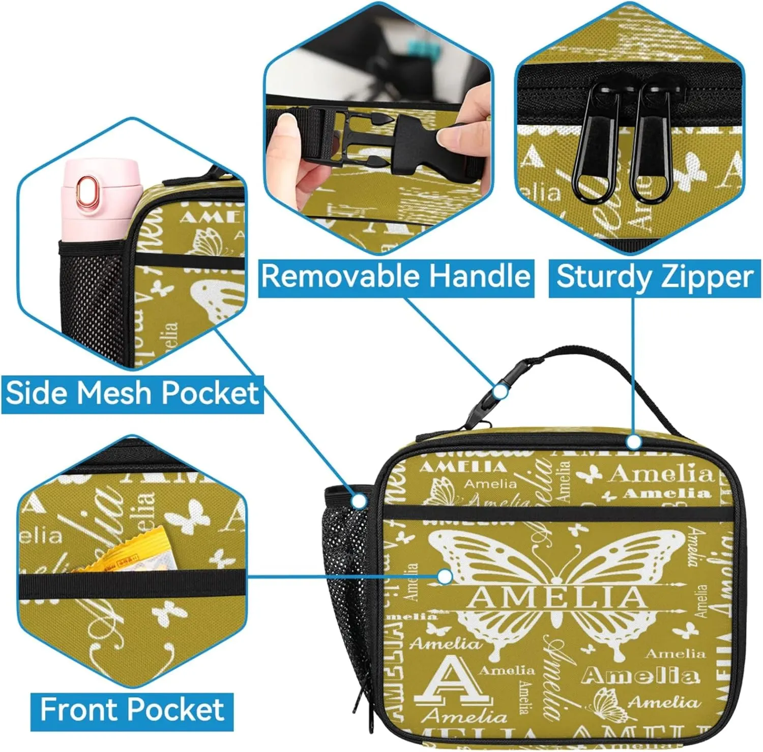 Custom Backpacks with Lunch Bag Set for Women Men, Personalized Name Backpack and Portable Lunch Box, Lightweight Brown Butterfly BackPack