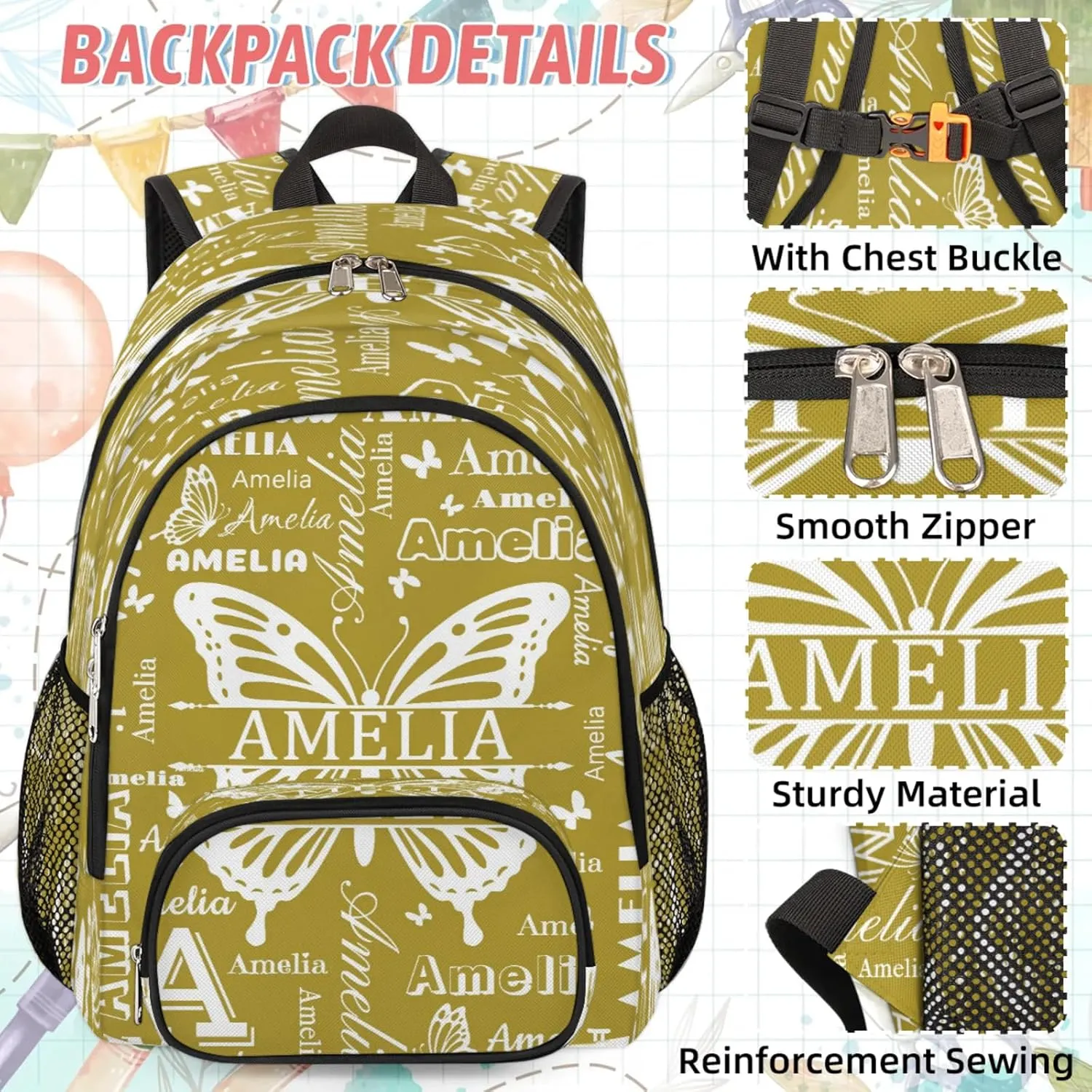 Custom Backpacks with Lunch Bag Set for Women Men, Personalized Name Backpack and Portable Lunch Box, Lightweight Brown Butterfly BackPack