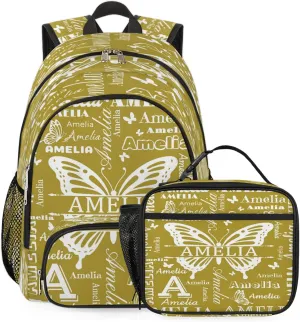 Custom Backpacks with Lunch Bag Set for Women Men, Personalized Name Backpack and Portable Lunch Box, Lightweight Brown Butterfly BackPack