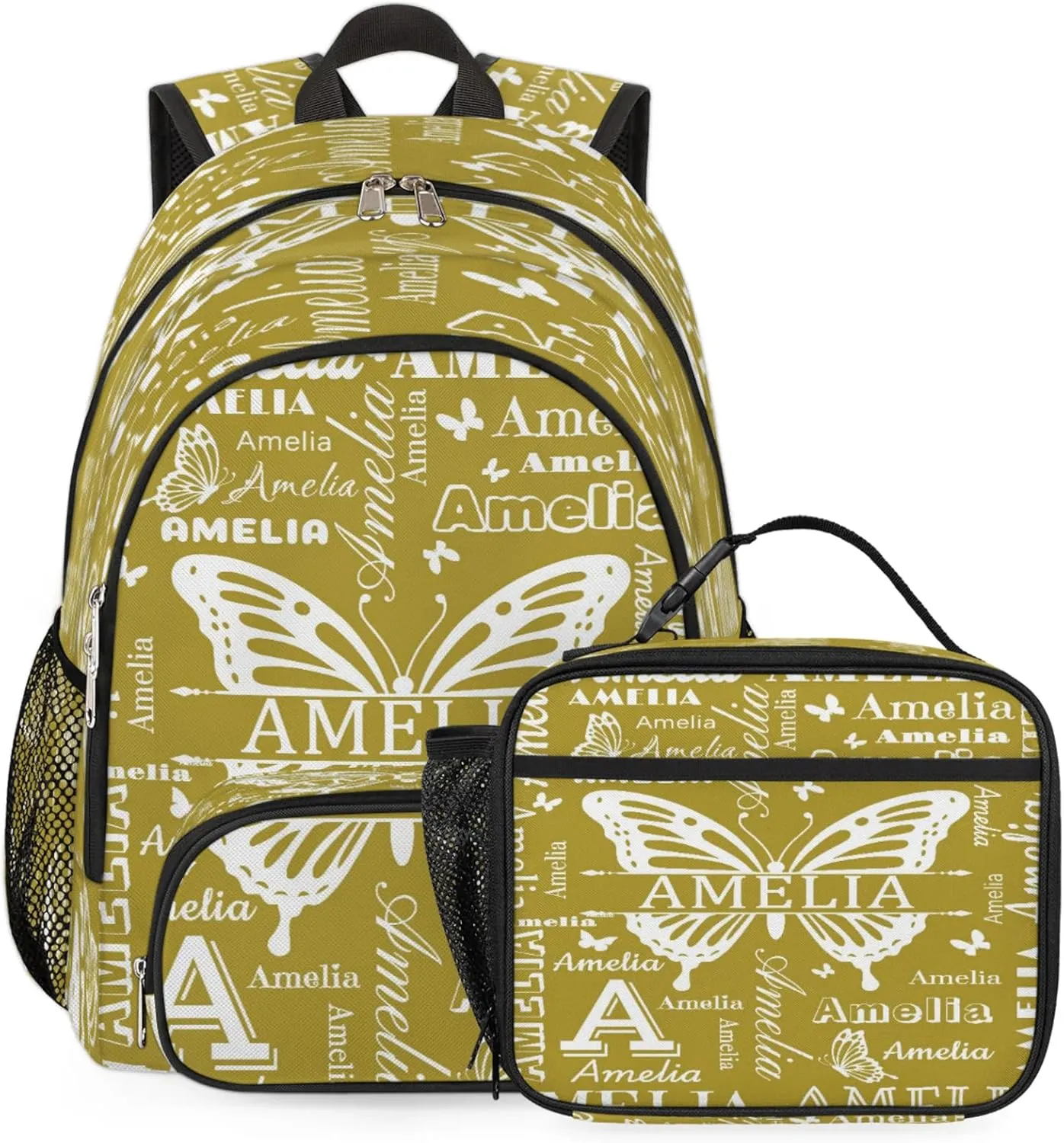 Custom Backpacks with Lunch Bag Set for Women Men, Personalized Name Backpack and Portable Lunch Box, Lightweight Brown Butterfly BackPack