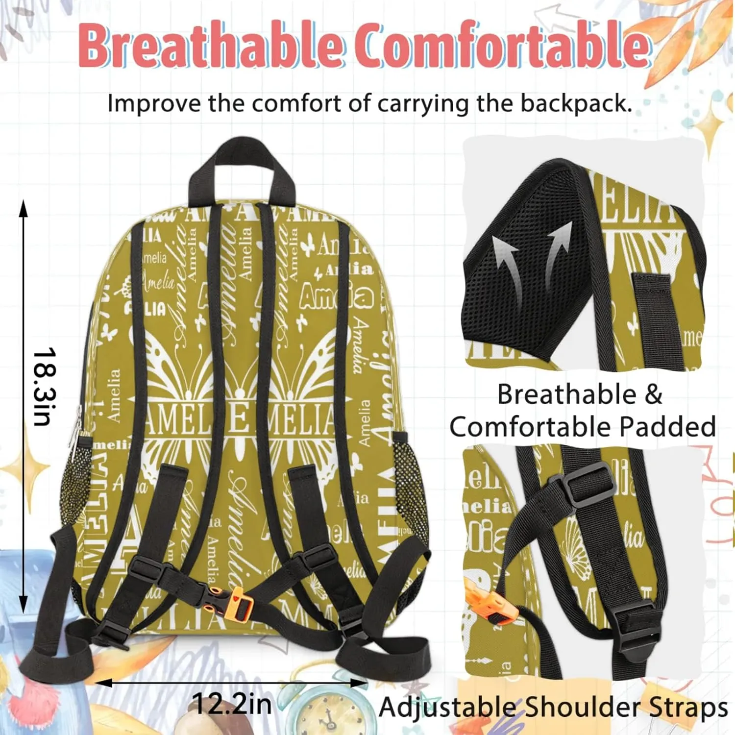 Custom Backpacks with Lunch Bag Set for Women Men, Personalized Name Backpack and Portable Lunch Box, Lightweight Brown Butterfly BackPack